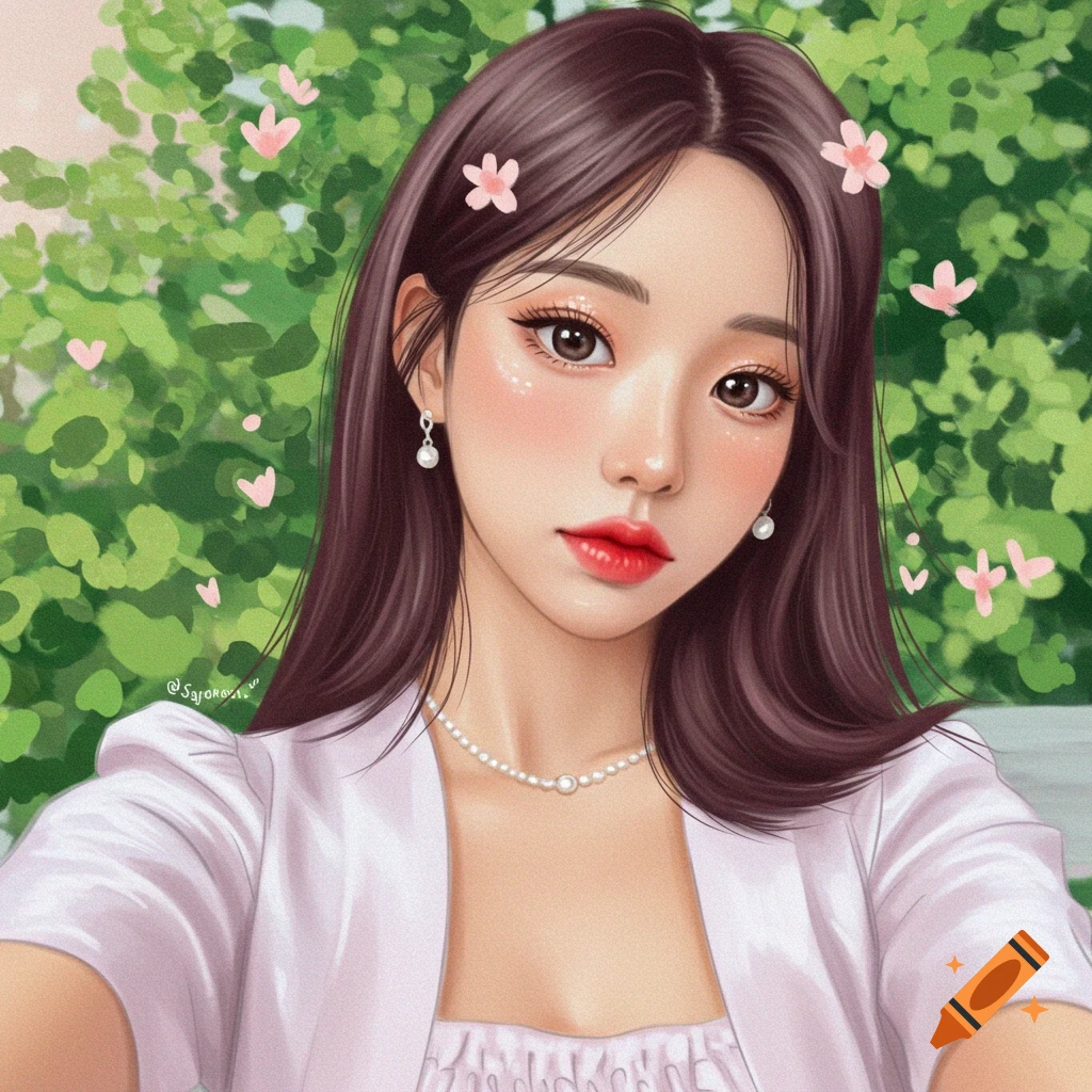 Anime-style illustration of a young Korean woman taking a selfie, with long dark hair, pink flowers, red lipstick, and a pearl necklace against green foliage.