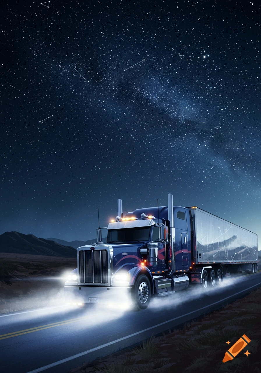 A blue semi-truck drives on a road under a detailed, starry night sky with mountains in the background.
