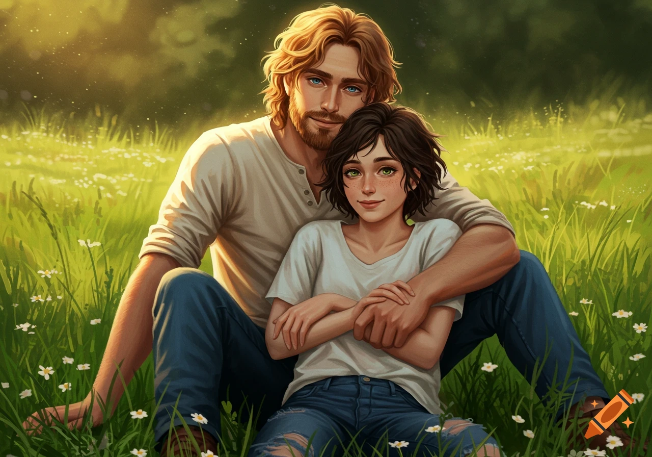 A digitally illustrated man with a beard embracing a woman with short hair as they sit in a sunny, grassy field.