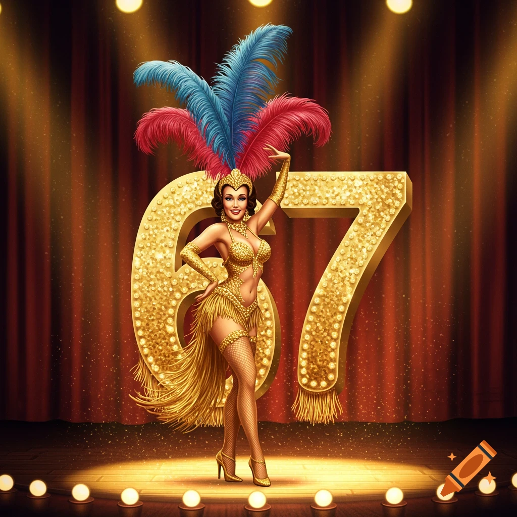 A glittery showgirl in a gold feathered costume poses on a stage next to large, sparkling golden numbers "67".