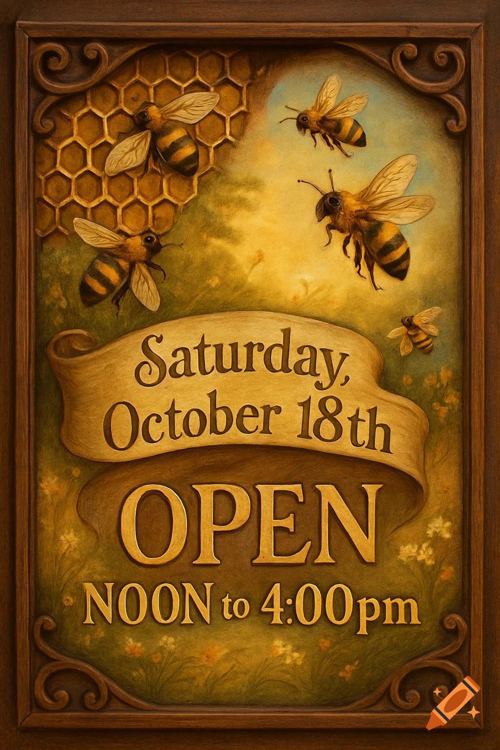 A wooden sign with ornate carvings and a honeybee theme. It features several bees, a honeycomb, and text that reads 'Saturday, October 18th OPEN NOON to 4:00pm'.