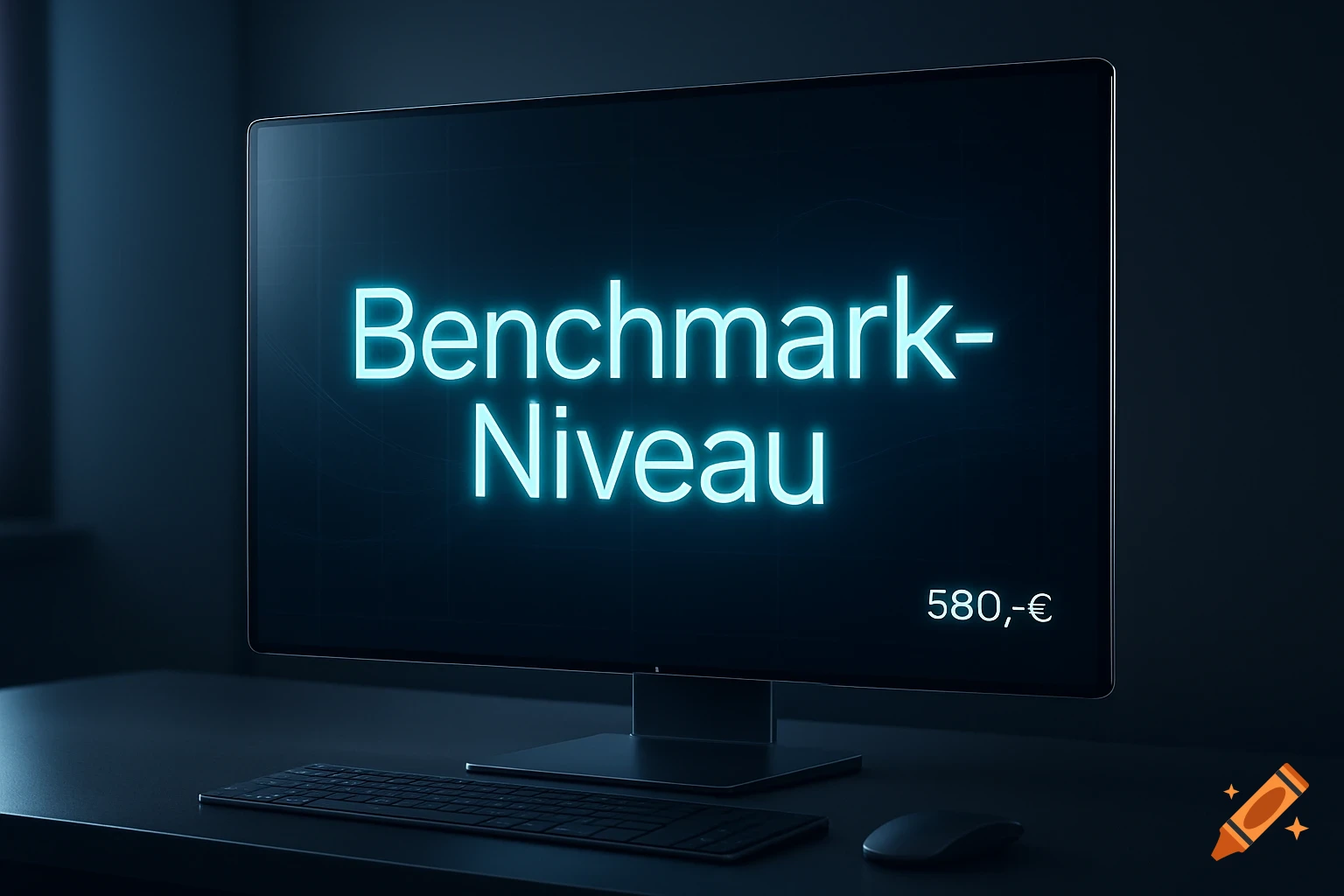 A minimalist, dark desk with a monitor displaying glowing cyan text 'Benchmark-Niveau' and '580,-€', with a keyboard and mouse.