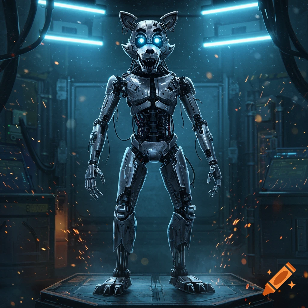A silver animatronic wolf with glowing blue eyes stands in a dark, industrial room with blue neon lights and sparks flying. Photorealistic style.