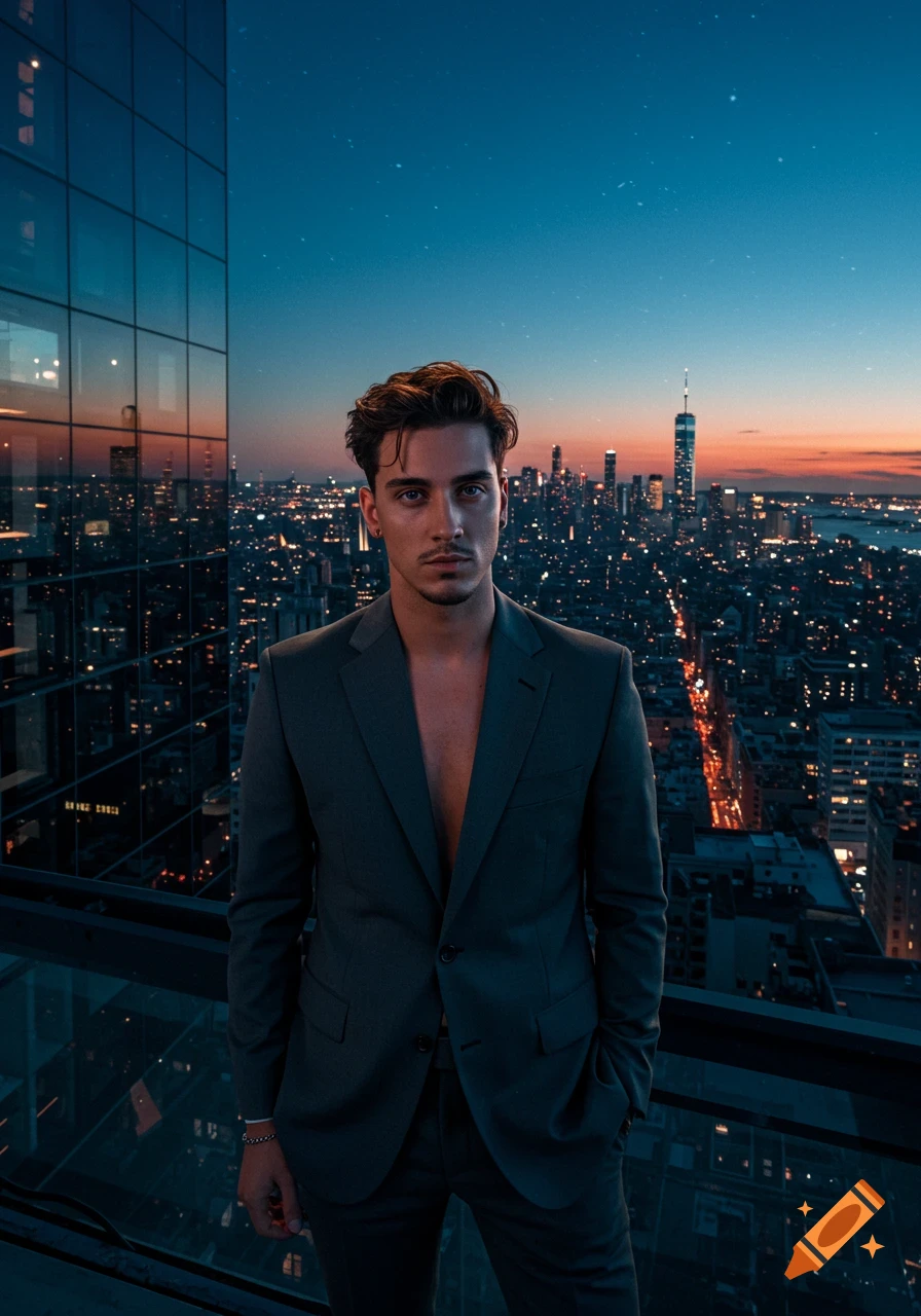 A man in an unbuttoned dark suit jacket stands on a skyscraper rooftop overlooking a vibrant city skyline at dusk.