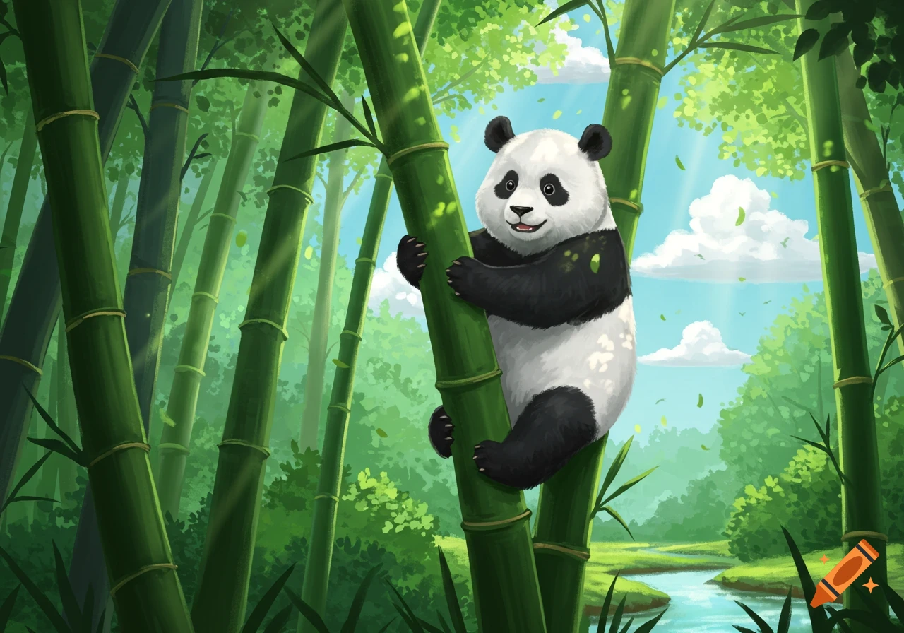A cute cartoon panda climbs a tall green bamboo stalk in a vibrant, sunlit bamboo forest with a winding river and blue sky.