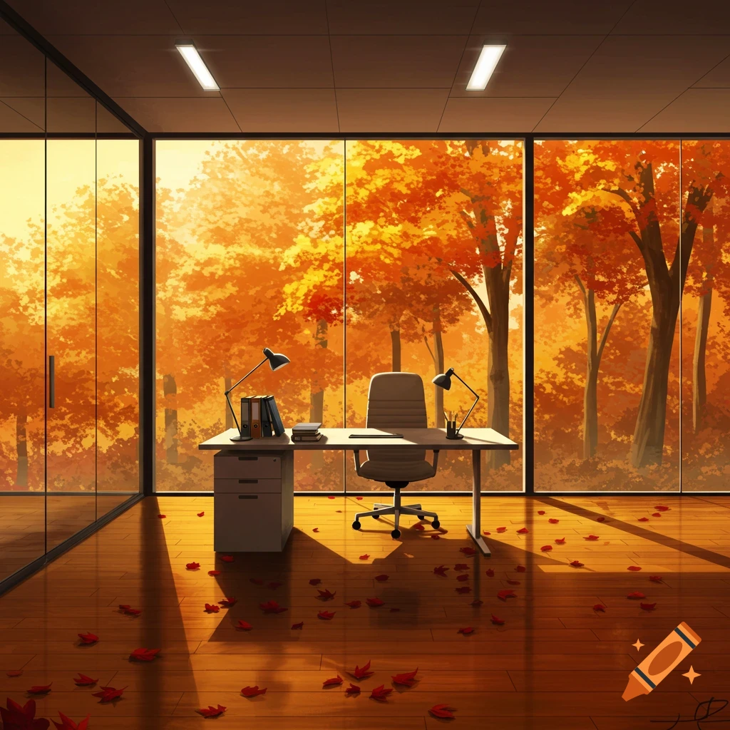 Illustrative scene of an empty office with large windows overlooking a vibrant autumn forest, red leaves on the wooden floor.
