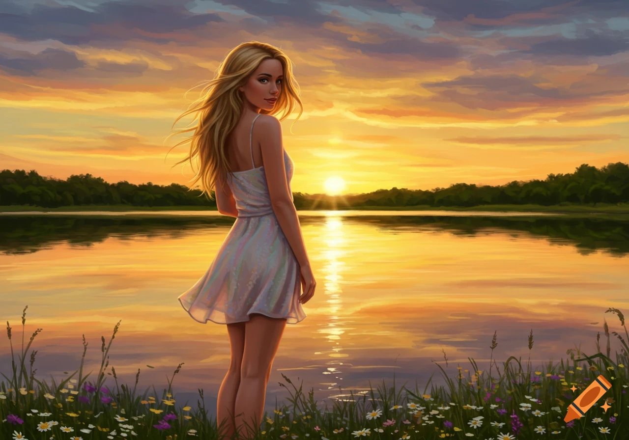 A young woman with long blonde hair stands by a lake at sunset, looking back over her shoulder, surrounded by wildflowers. Illustrative style.