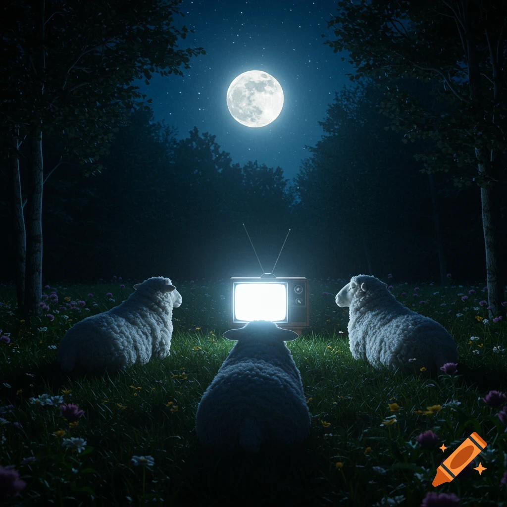 Three sheep sit on a grassy clearing in a moonlit forest, facing an illuminated vintage television.