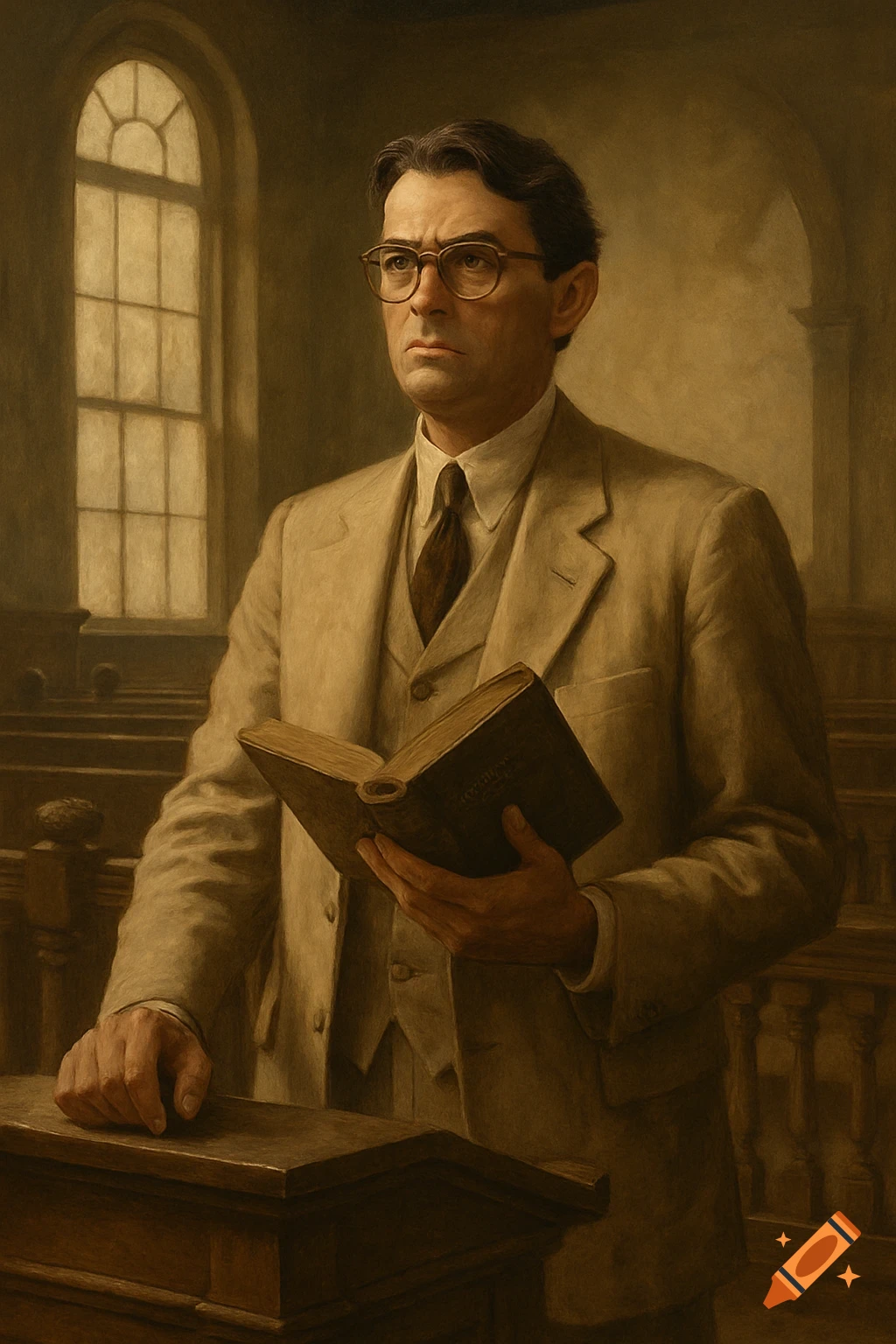 An oil painting of Atticus Finch in a beige suit and glasses holding a law book in a 1930s courtroom.