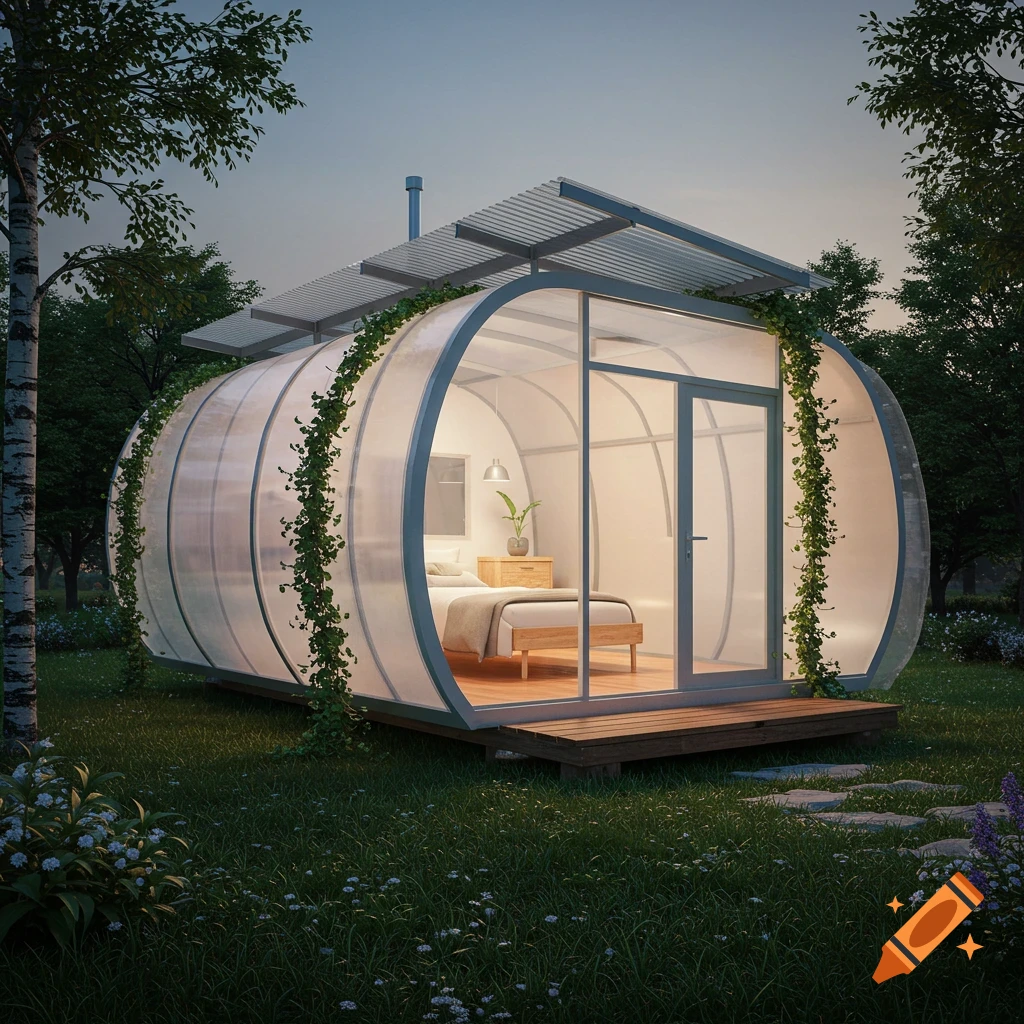 A modern, oval-shaped pod home with polycarbonate windows and a corrugated roof, nestled in a grassy woodland at dusk.