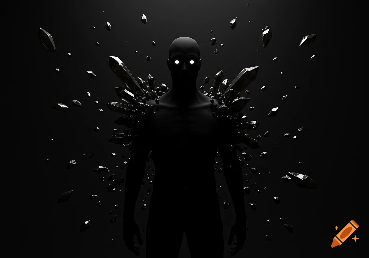 A stylized, dark black entity with glowing white eyes, surrounded by exploding dark gray crystals.