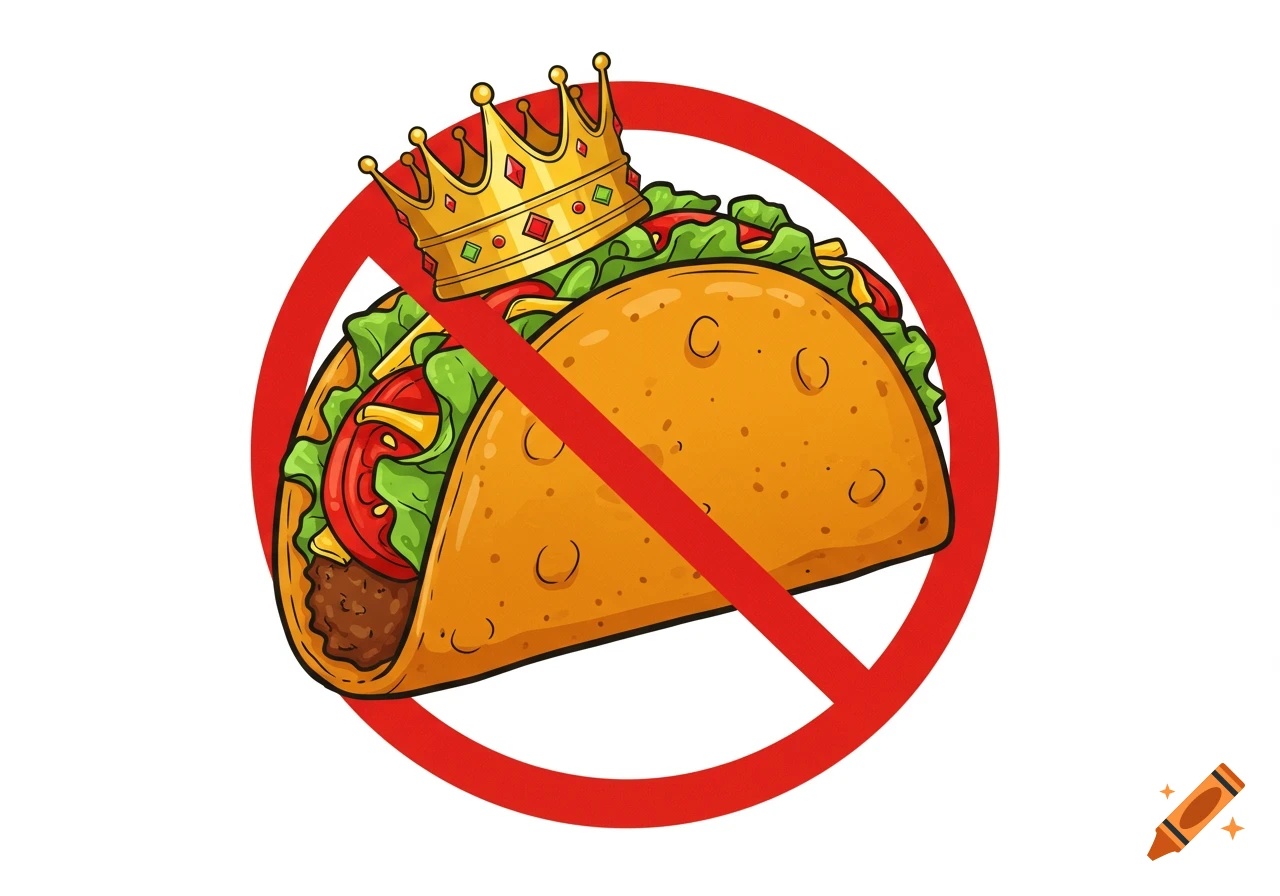 Cartoon taco wearing a golden crown, crossed out by a red international 'no' symbol on a white background.