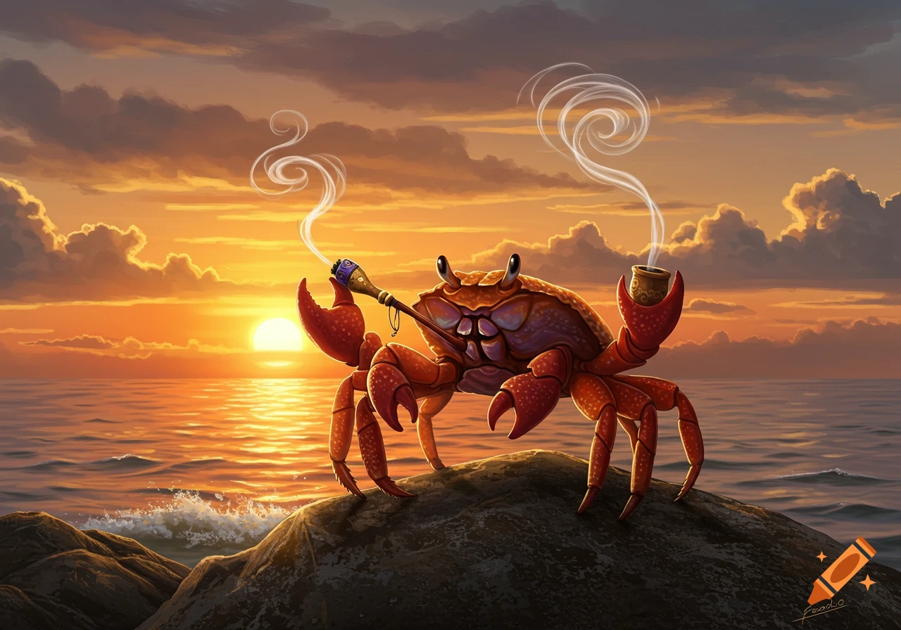 A happy, cartoon-style crab holding and smoking two pipes, sitting on a rock by the ocean during a vibrant sunset.