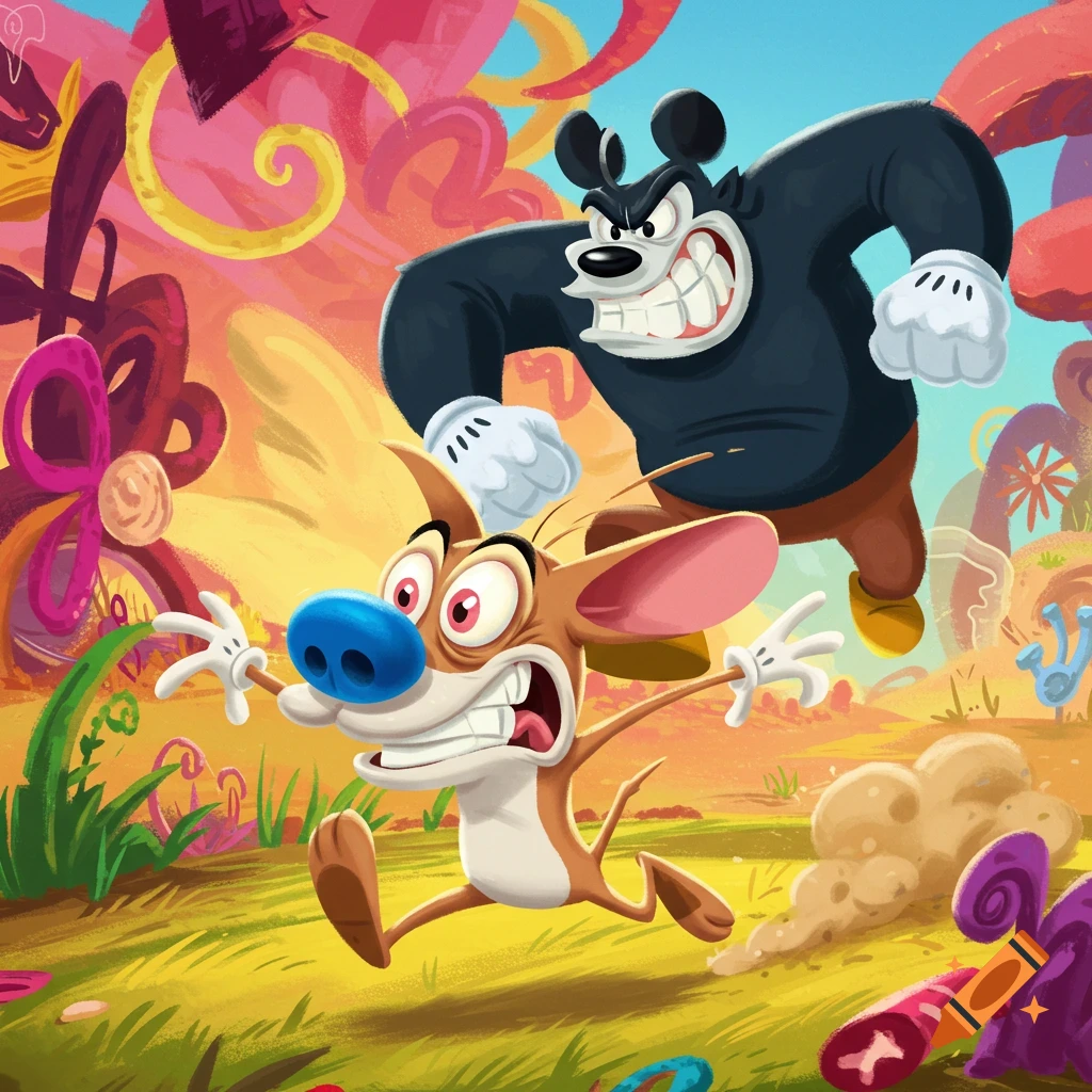 A terrified Ren from Ren and Stimpy runs from Pete the bully in a vibrant, colorful cartoon landscape.