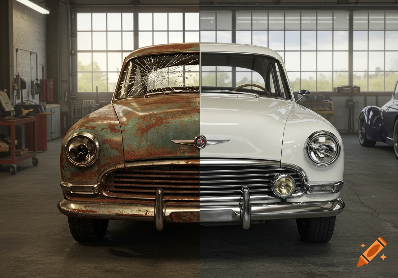 Photorealistic image of a classic car split vertically; the left side is rusted and broken, the right side is pristine white in a garage.