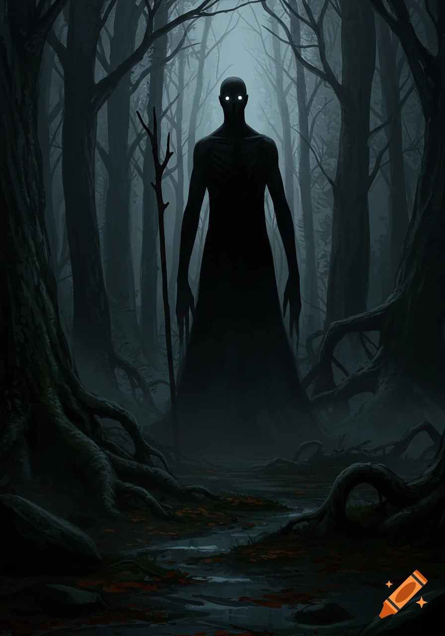 A shadowy, skeletal figure with glowing white eyes stands in a dark, misty forest, holding a gnarled staff among twisted roots.