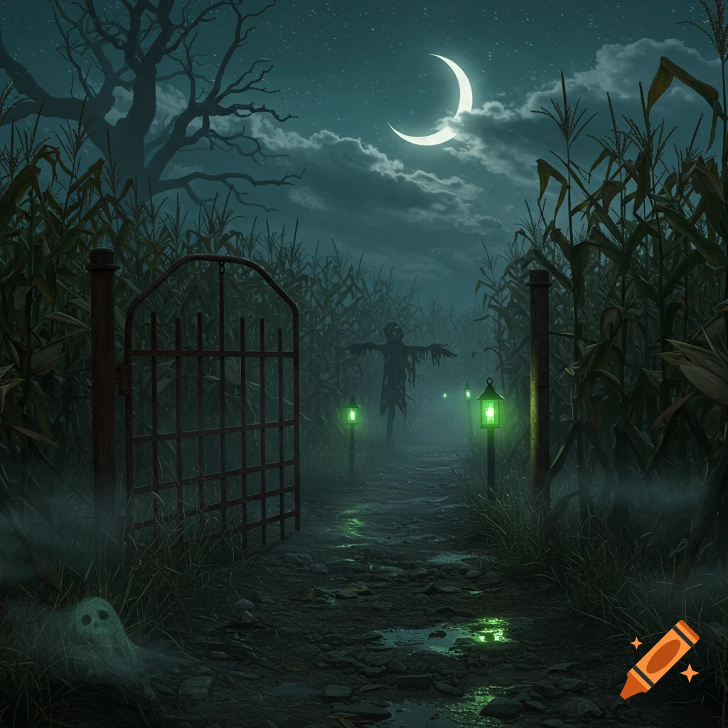 Spooky night scene of a cornfield entrance with a rusty gate, glowing lanterns, a scarecrow, a ghost, and a crescent moon.