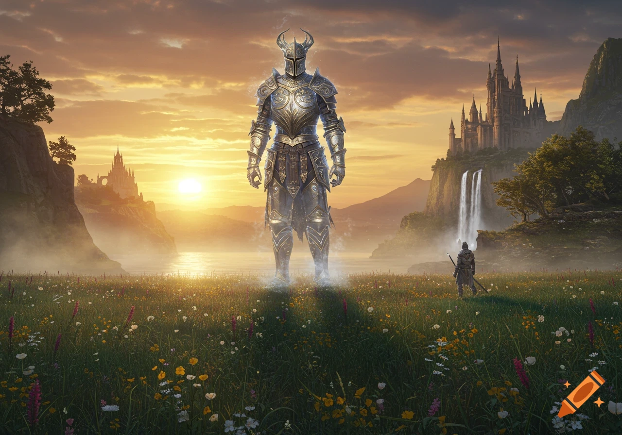 A giant armored knight stands in a wildflower field before a small figure, with a majestic castle and waterfall at golden sunset.