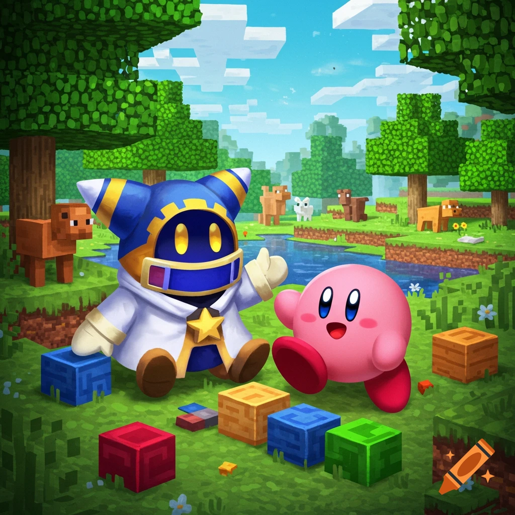 Magolor and Kirby in a vibrant Minecraft-style world, playing with colorful blocks amidst pixelated trees, a river, and animals.