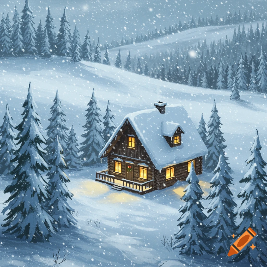 An illustration of a cozy wooden cabin covered in snow, with warm glowing windows, on a snowy hillside among evergreen trees.