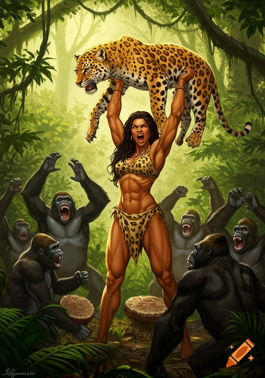 Muscular woman in leopard print holds a leopard overhead while gorillas cheer in a vibrant jungle illustration.