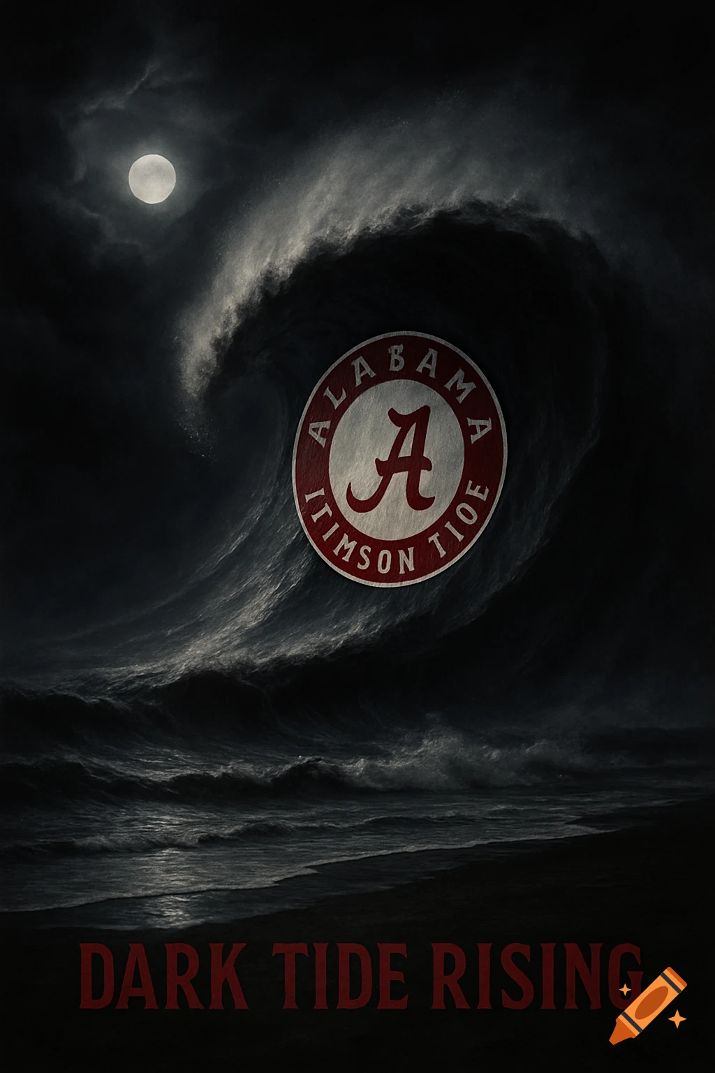 Dark stormy sea under a full moon with a large wave, featuring the Alabama Crimson Tide logo and text 'Dark Tide Rising'.
