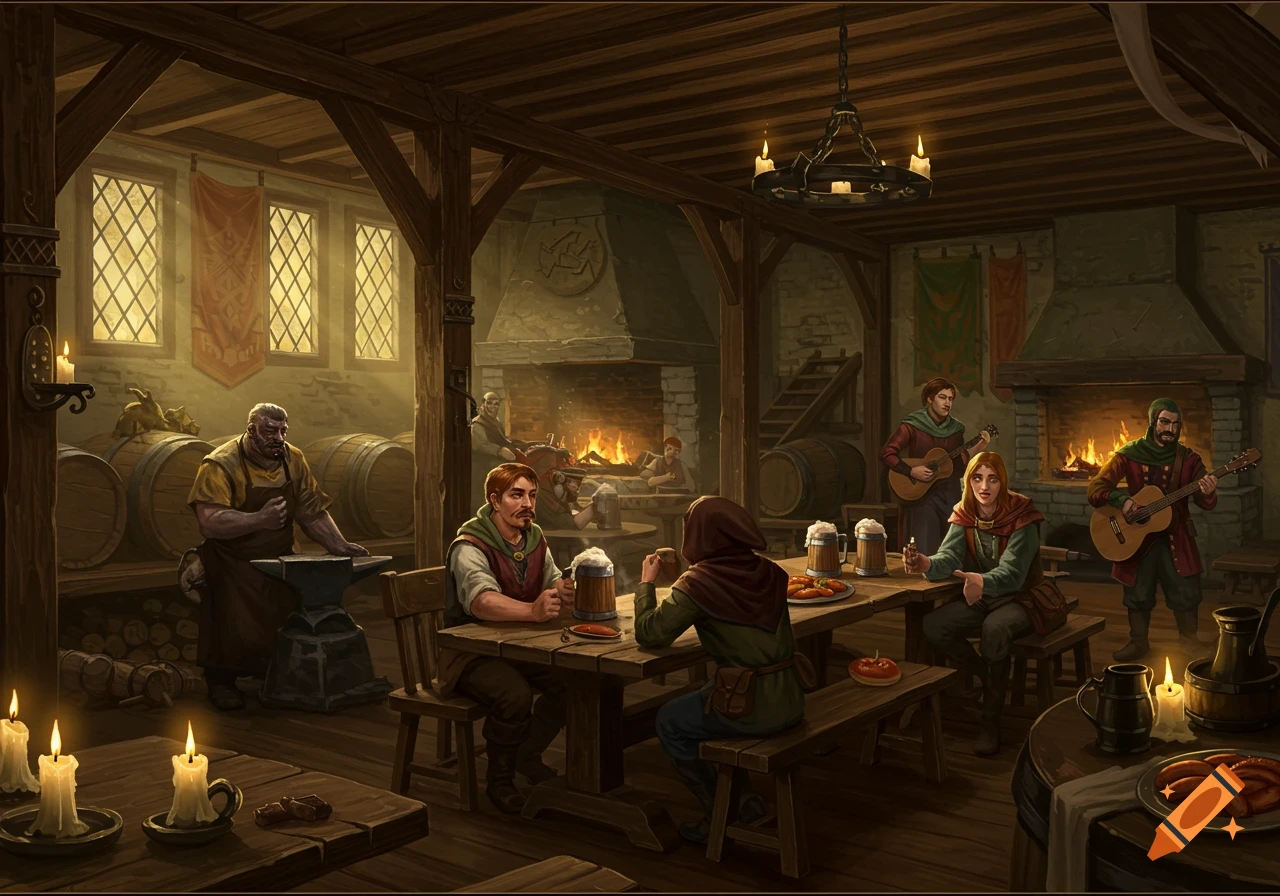 A detailed fantasy illustration of a lively medieval tavern with patrons drinking, musicians playing, and a blacksmith working.