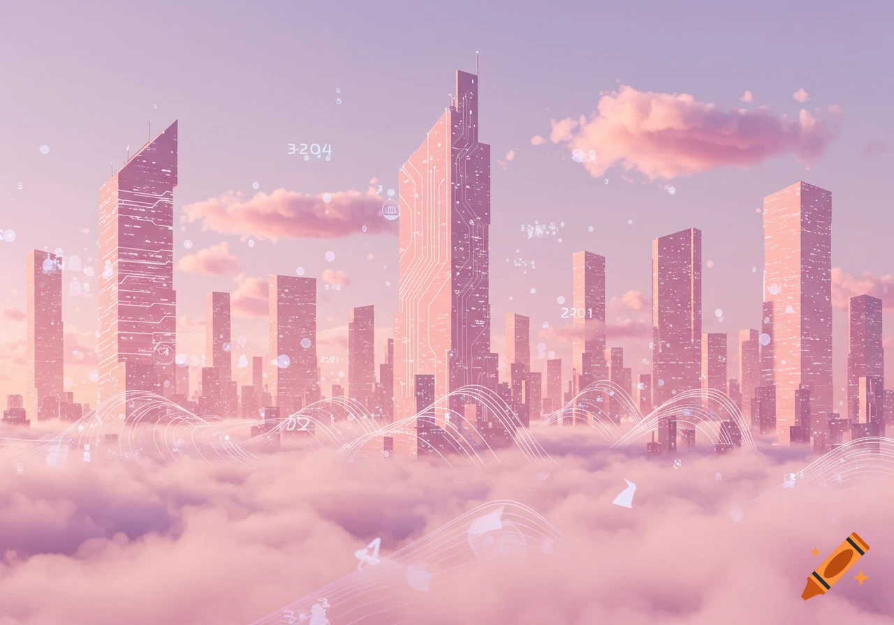 A futuristic city skyline with buildings featuring circuit board patterns, rising from pink clouds under a pastel sky with floating digital elements.