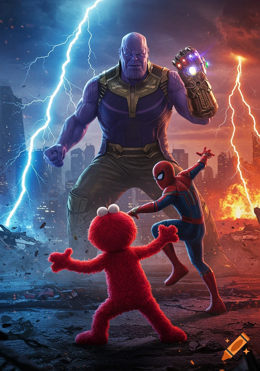 A giant Thanos with the Infinity Gauntlet looms over Spider-Man and Elmo, battling in a destroyed city with lightning.