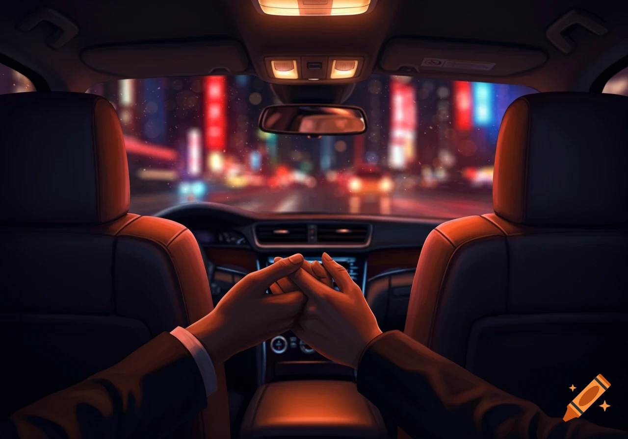 Digital illustration of two people holding hands in the back seat of a car at night, city lights blurred in the background.