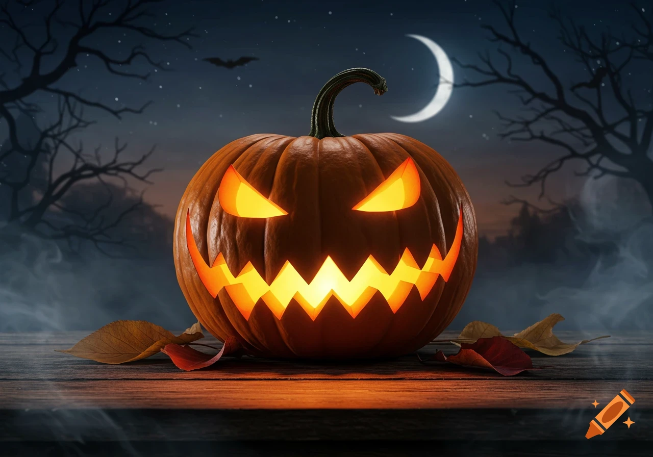 A glowing carved jack-o'-lantern on a wooden table with autumn leaves, under a spooky night sky with a crescent moon and bare trees.