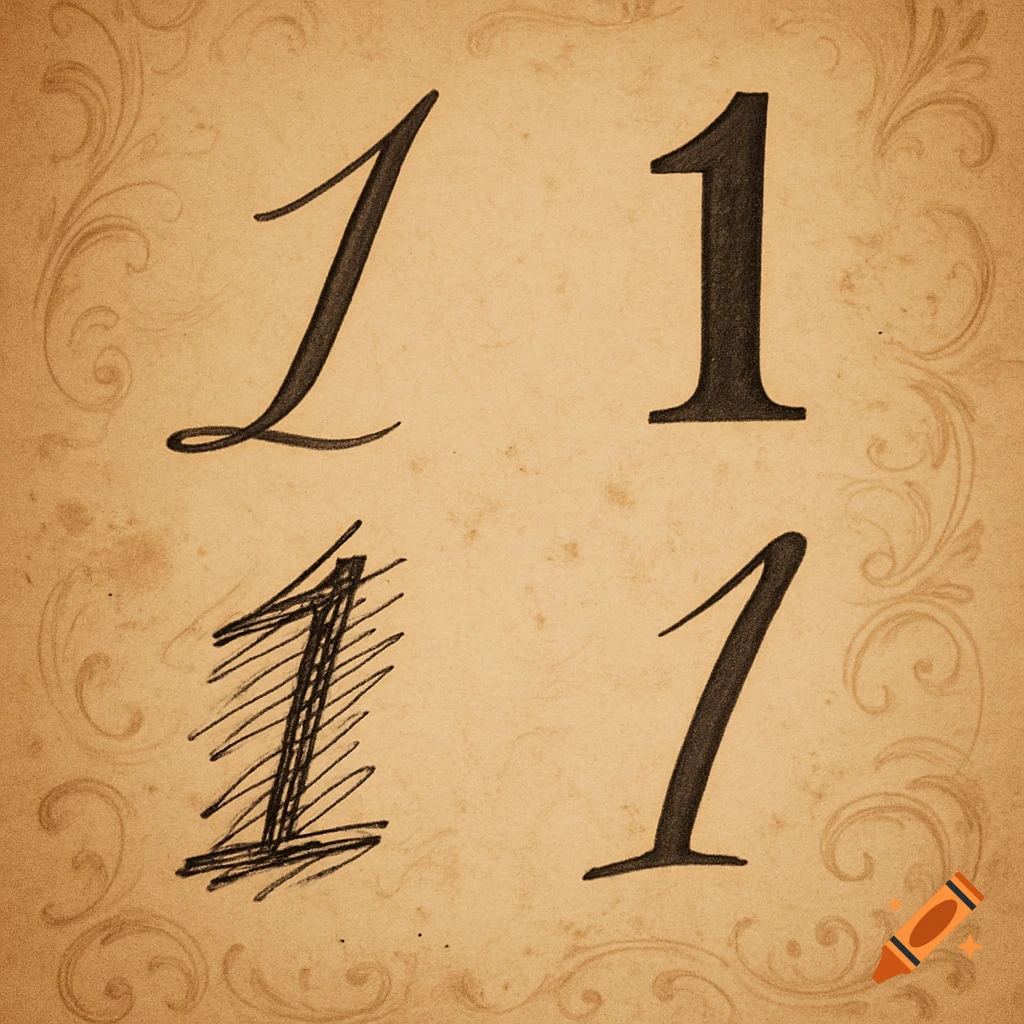 Four stylized number '1's in different fonts on an aged parchment background with faint scrollwork.