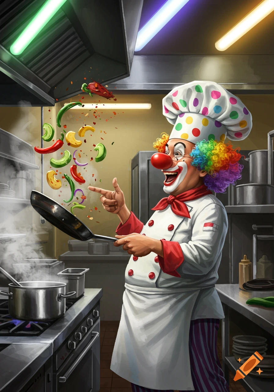 A vibrant illustration of a clown chef happily tossing colorful vegetables from a frying pan in a busy commercial kitchen.