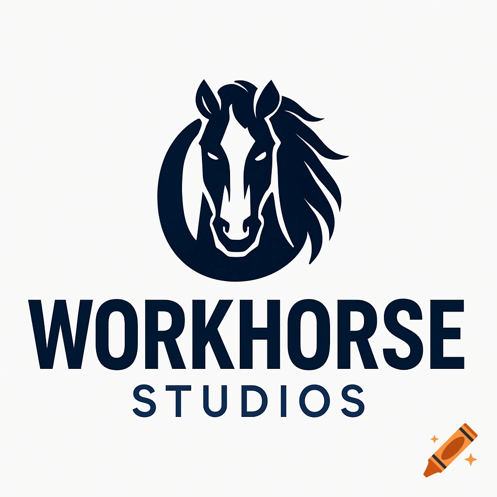 A navy blue logo featuring a stylized horse head above the bold text "WORKHORSE" and "STUDIOS" on a white background.
