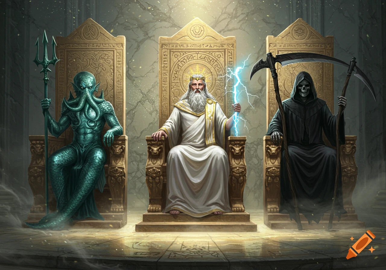 Three powerful figures, an octopus-headed man, a bearded god, and the Grim Reaper, sit on ornate thrones in a grand hall, fantasy art.