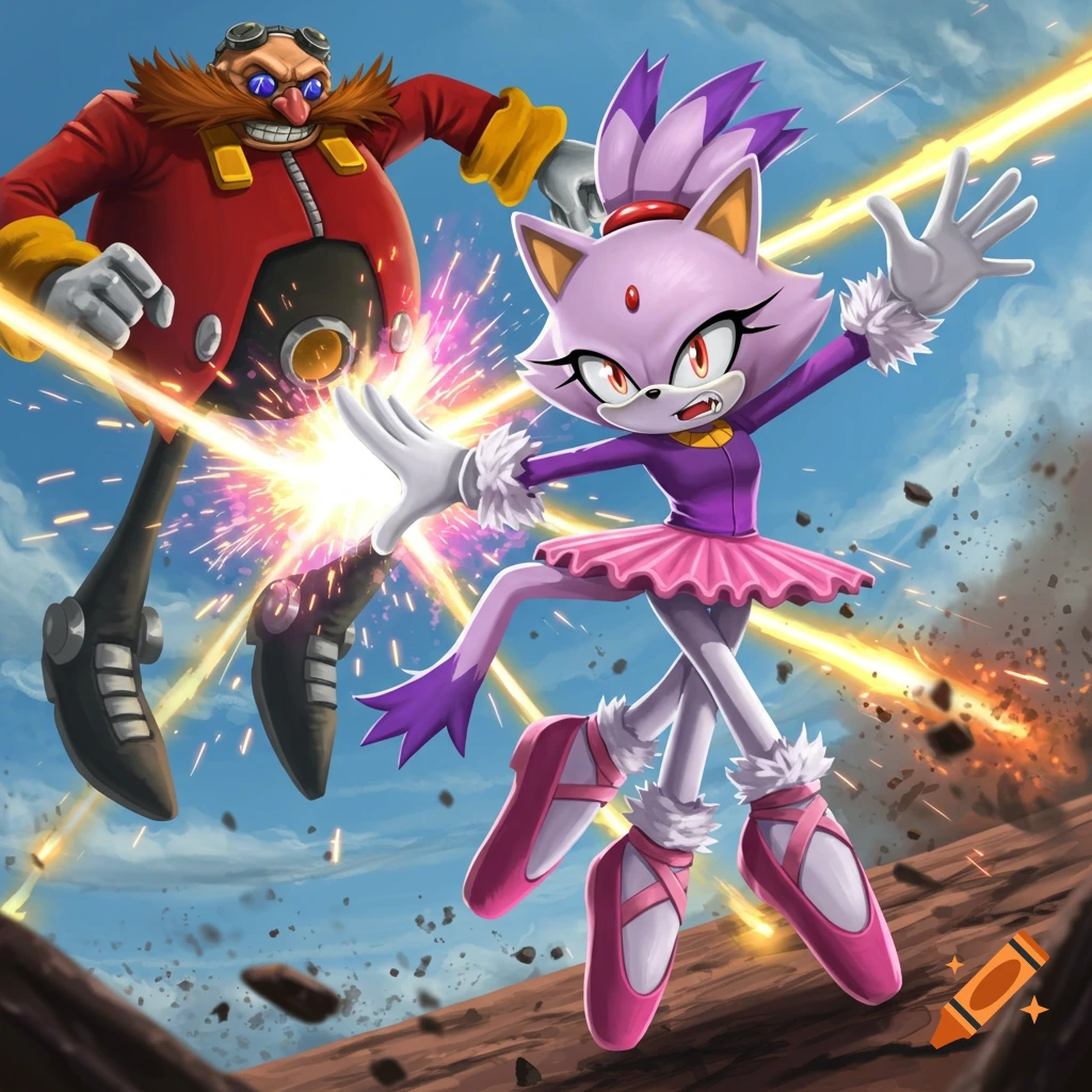Blaze the Cat in a pink tutu and ballet slippers battles Dr. Eggman with energy blasts and sparks in a vibrant cartoon.