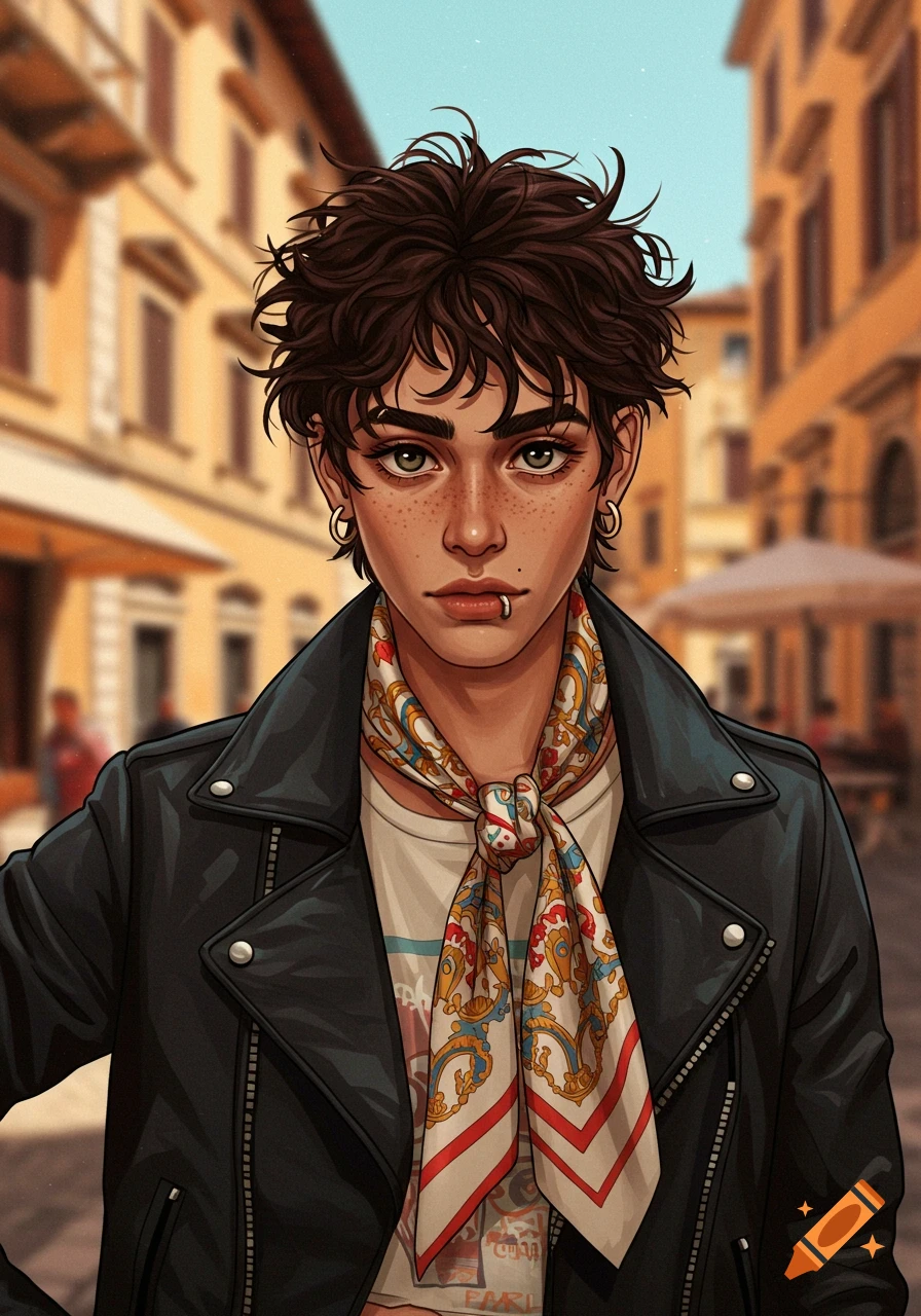 A stylized illustration of a person with messy dark hair, freckles, and a lip piercing, wearing a leather jacket and patterned scarf, standing in a city street.