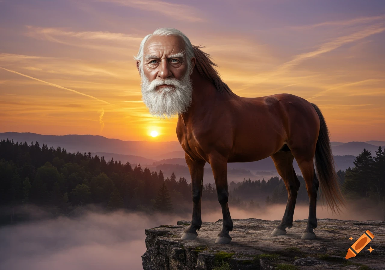 A brown horse with the head of an old man with a white beard stands on a cliff overlooking a misty mountain valley at sunset.