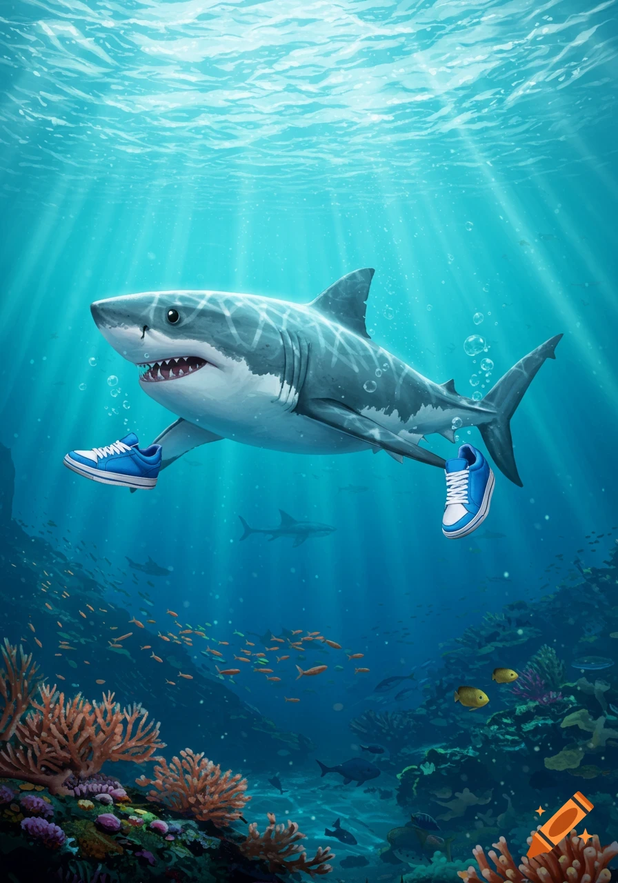 A whimsical illustration of a great white shark wearing blue sneakers on its flippers, swimming in a vibrant coral reef.