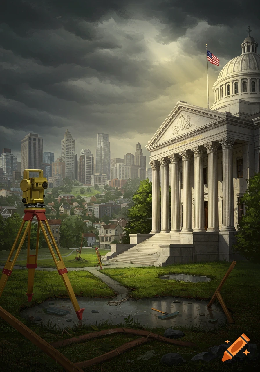 A dramatic illustration of a neoclassical building, city skyline, and surveying equipment under stormy skies.