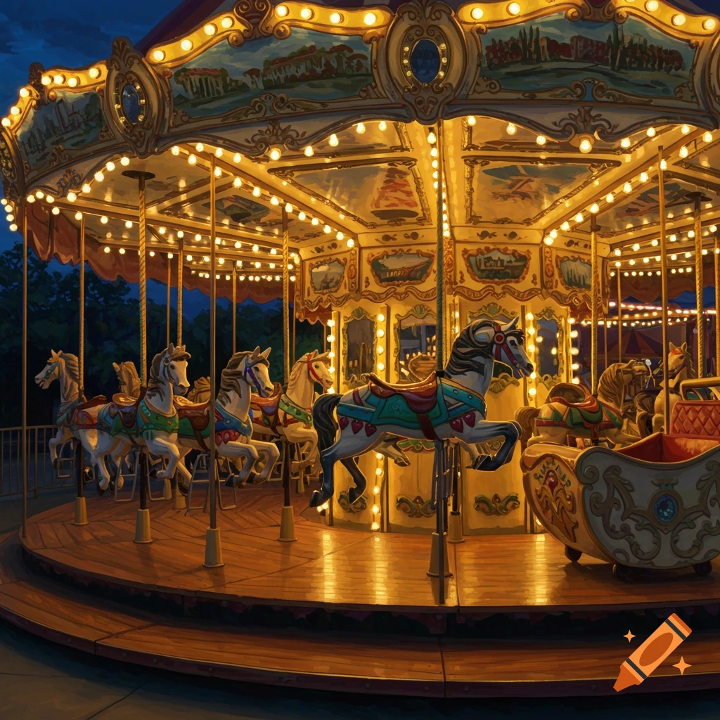 A brightly lit horse carousel at night, with intricately decorated horses and warm glowing lights.