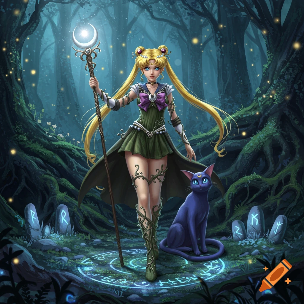 Sailor Moon as a Moon Druid holding a staff in a mystical forest with runestones and a glowing magic circle, next to a purple cat.