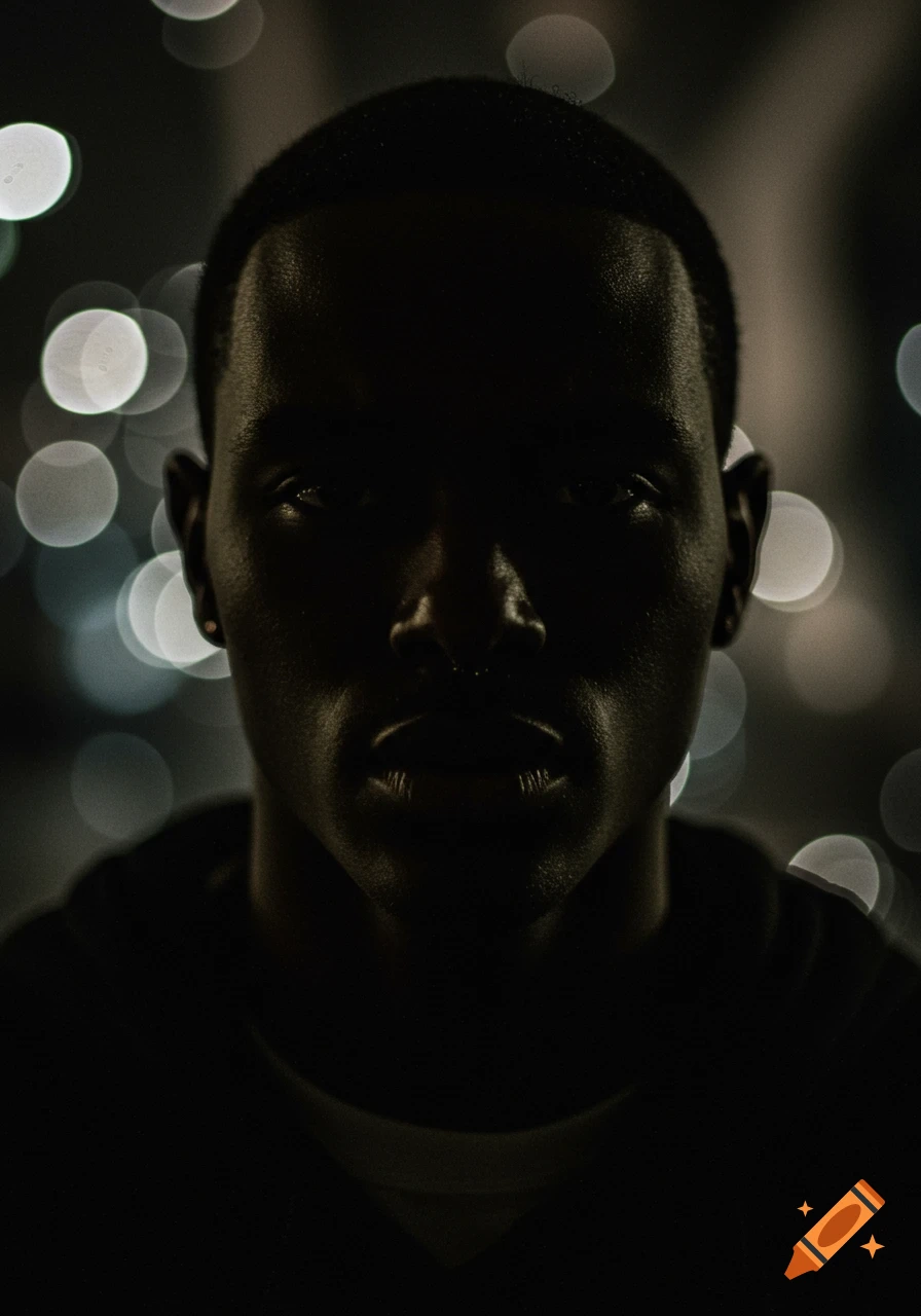 Close-up portrait of a man with dramatic shadows and rim lighting against an artistic bokeh background.