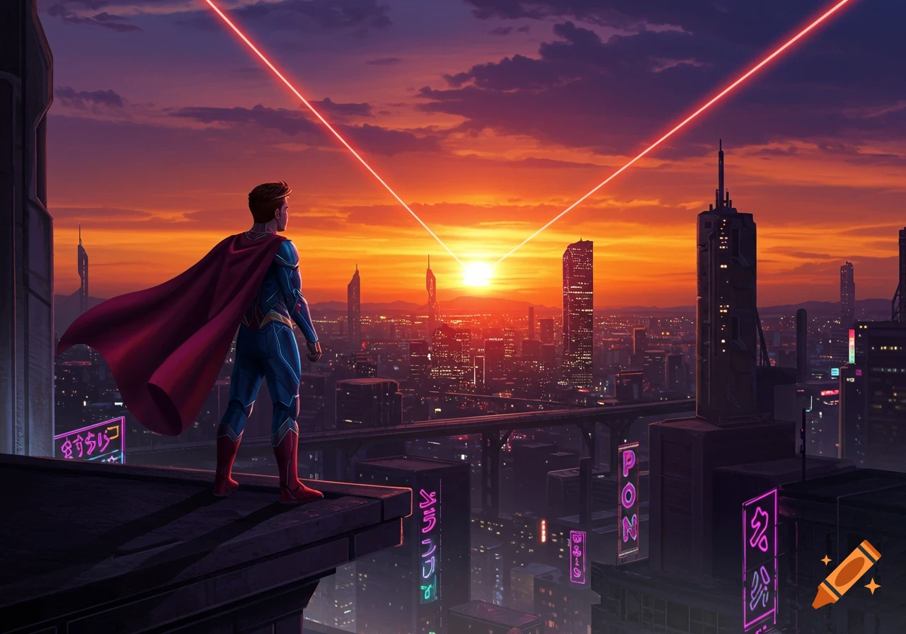 A superhero in a blue suit and red cape stands on a futuristic city rooftop at sunset, with red lasers from their eyes crossing the sky.