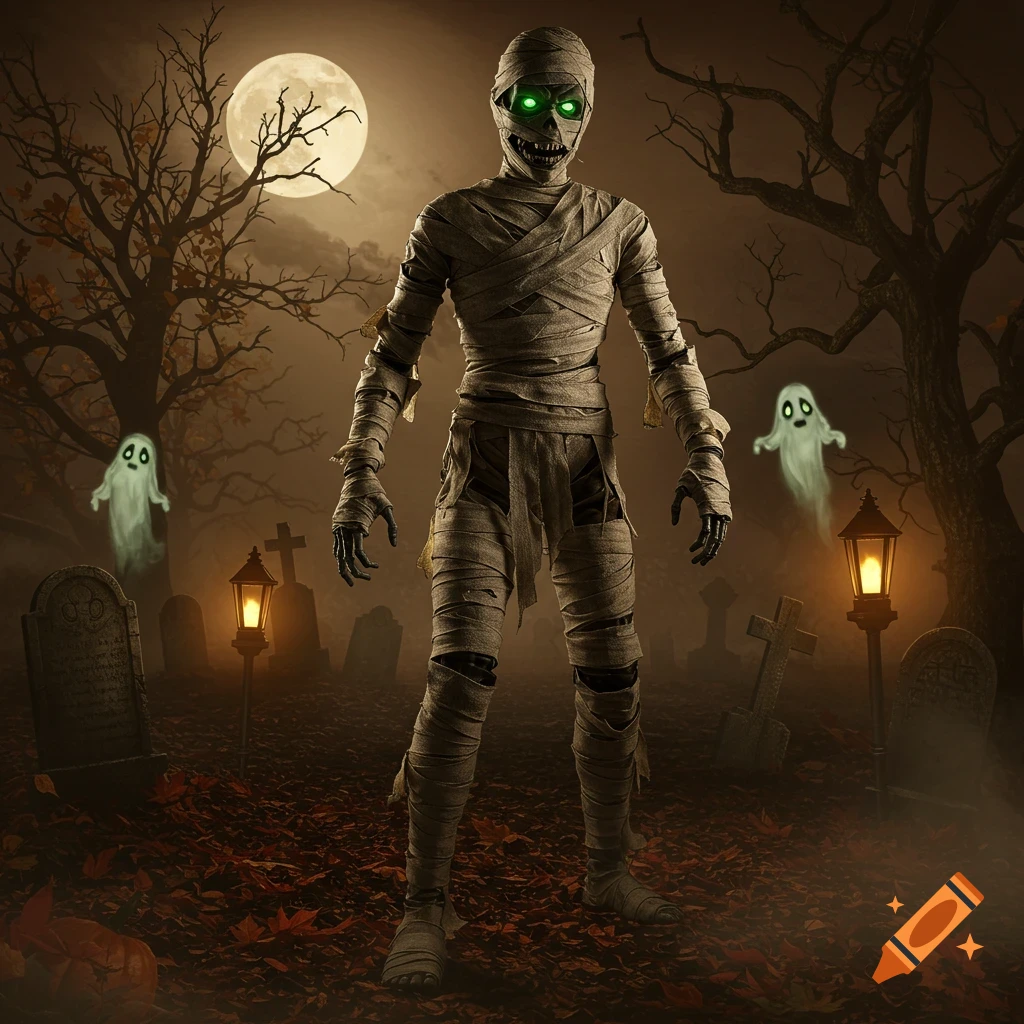 A mummy with glowing green eyes stands in a misty graveyard with ghosts and bare trees under a full moon.