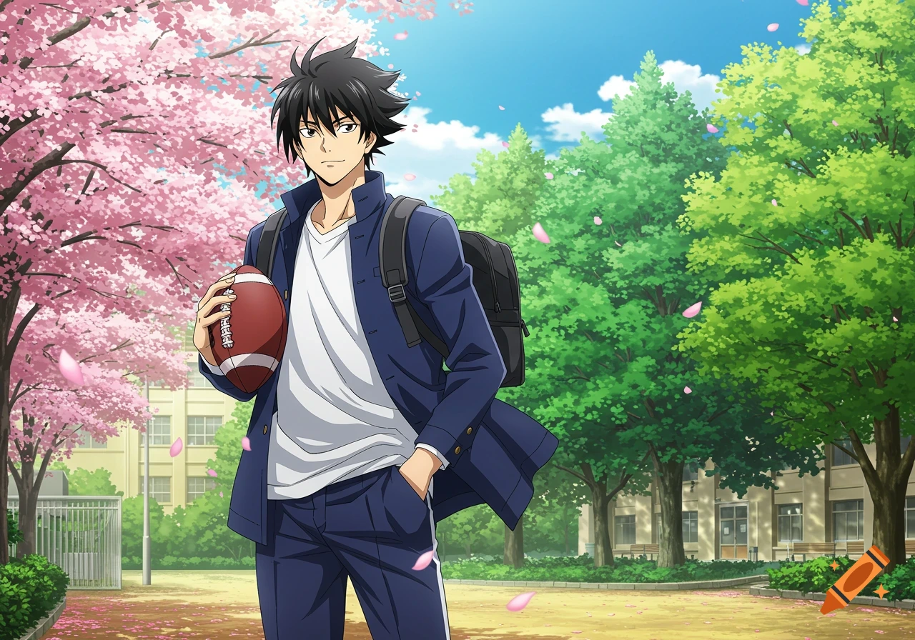An anime male high school student with spiky black hair holds a football while standing outdoors at a school under blooming cherry trees.