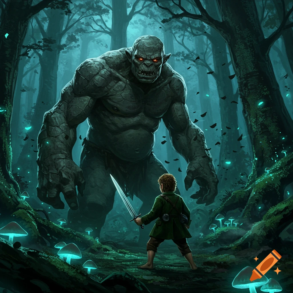 A small hobbit-like figure with a sword confronts a giant, muscular troll in a dark, glowing fantasy forest.