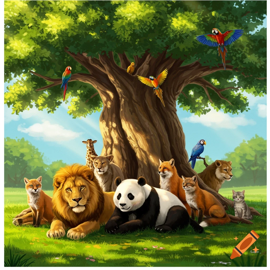Illustrative image of a lion, panda, foxes, and other animals gathered under a large tree with birds.
