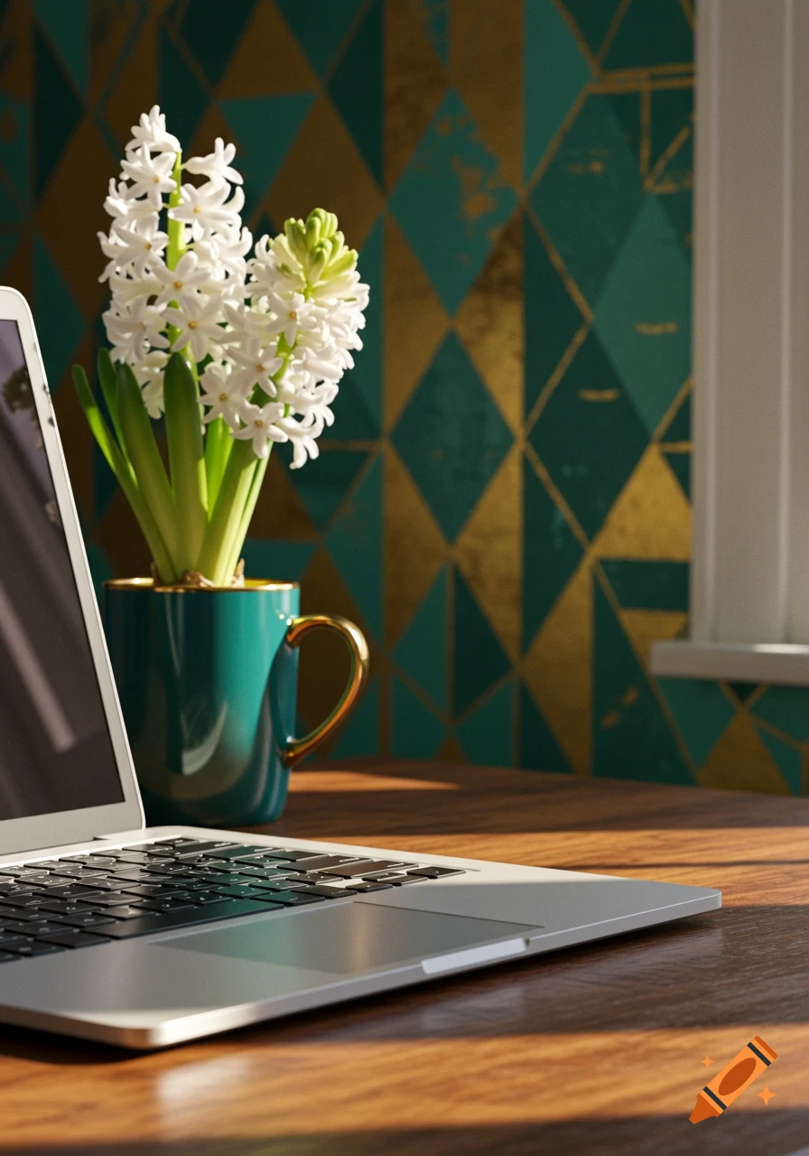 A laptop on a wooden desk with a white hyacinth in a teal mug against a gold and turquoise geometric wallpaper.