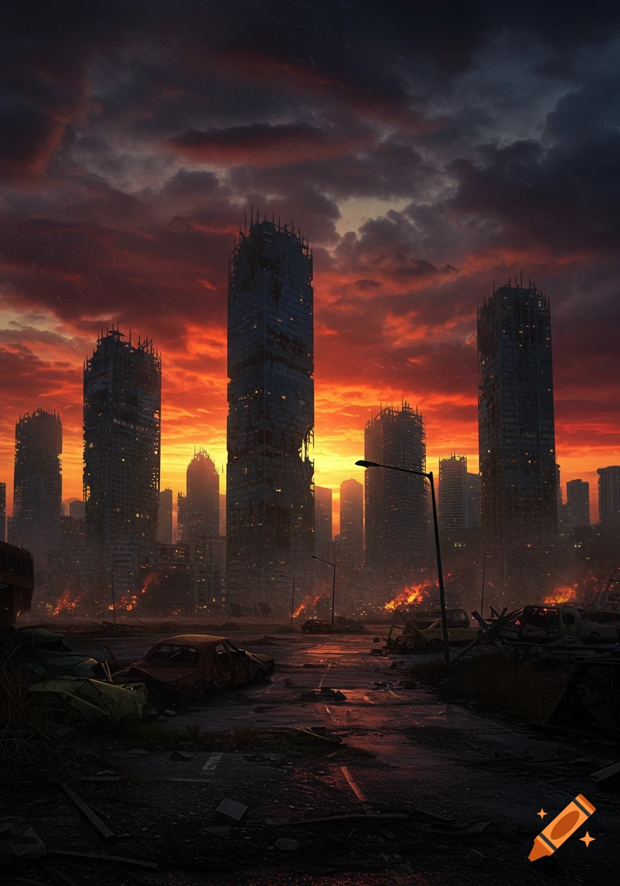 A destroyed post-apocalyptic cityscape at sunset, with burning, ruined skyscrapers and debris-filled streets under an ominous red sky.